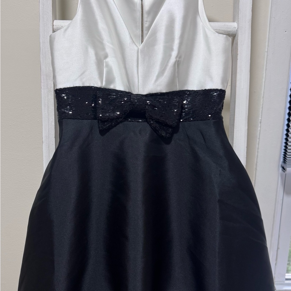 kate spade Black and White Satin Fit-and-Flare Dress with Sequin Bow Waist